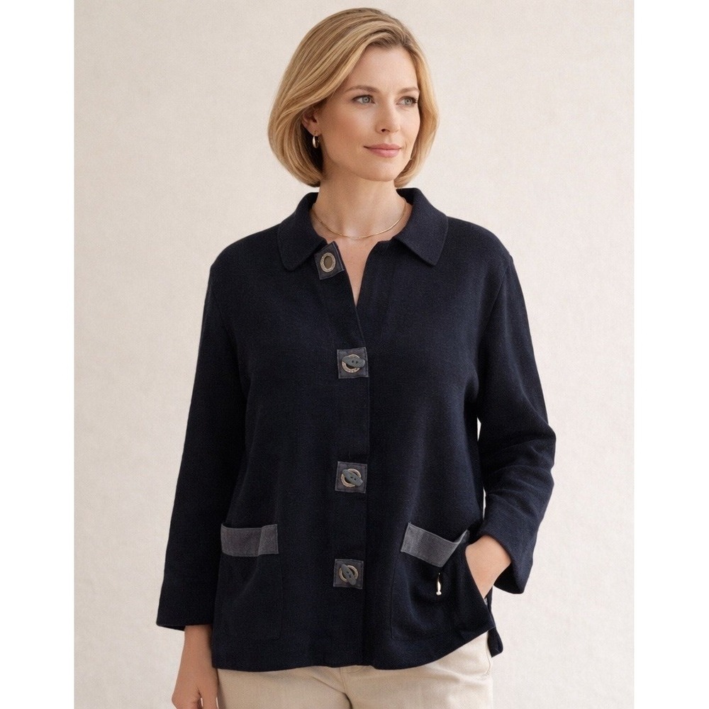 VTG Saint James Fisherman Knit Navy Leather Duffel Cardigan Sweater Wool‎ France